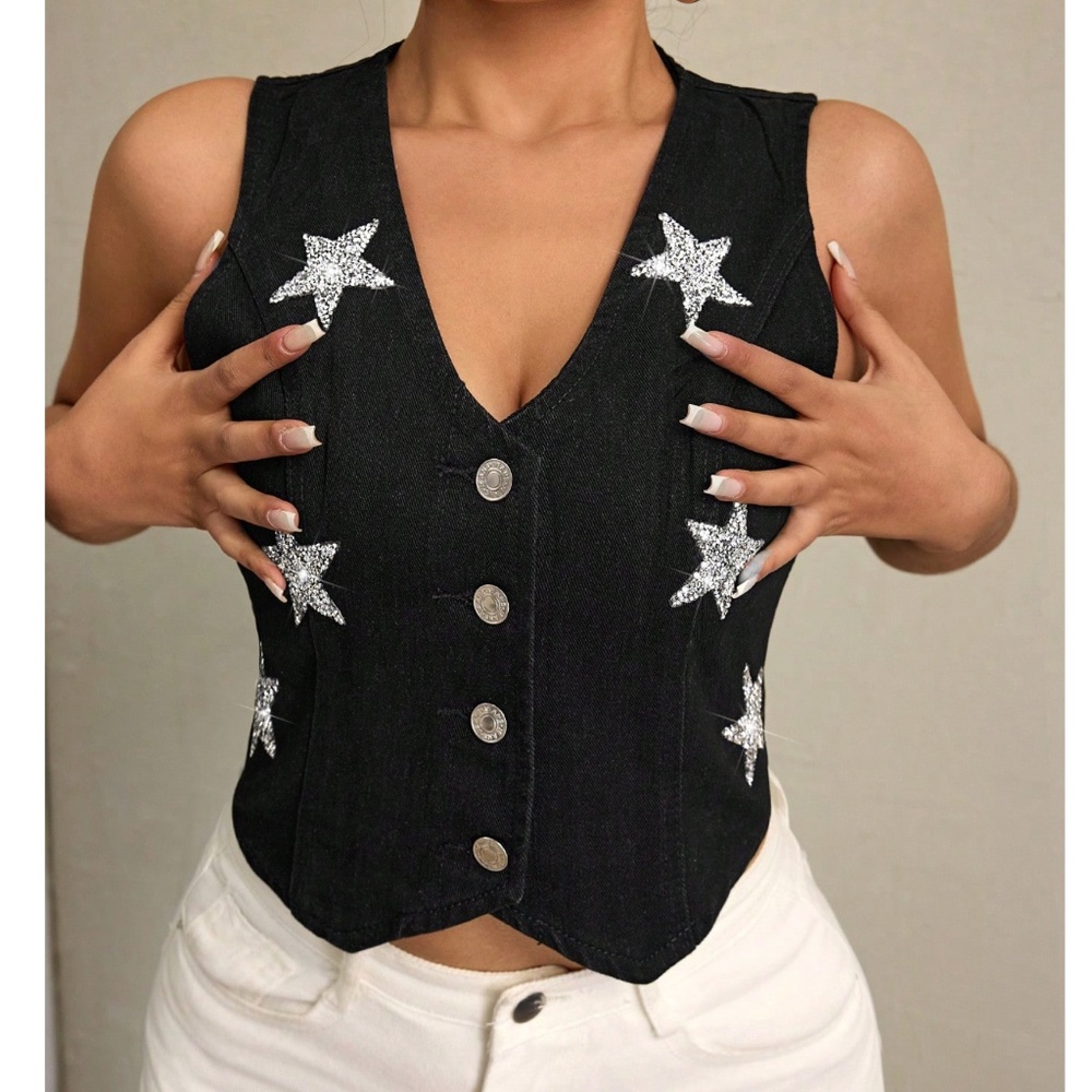 Dark Wash Blue Glitter Star Button Down Denim Jean Western Vest - Picture 9 of 12